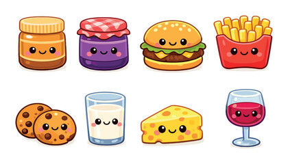 Cute cartoon food characters with happy faces on various snacks and drinks