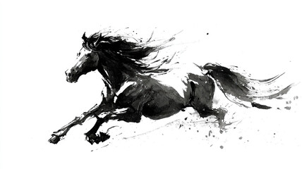 Black And White Ink Painting Of Galloping Horse With Dynamic Brushstrokes And Abstract Watercolor Splash On White