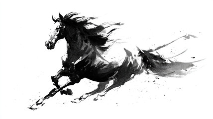 Black And White Ink Painting Of Galloping Horse With Dynamic Brushstrokes And Abstract Watercolor Splash On White