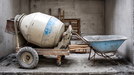 An old rusty wheelbarrow with tools sits near a metal water tank and heavy wooden barrels at an industrial construction site with concrete cement equipment