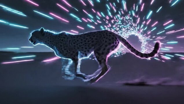 A powerful cheetah sprints with neon light trails erupting from its body, representing ultimate speed and energy in a dynamic, abstract setting.