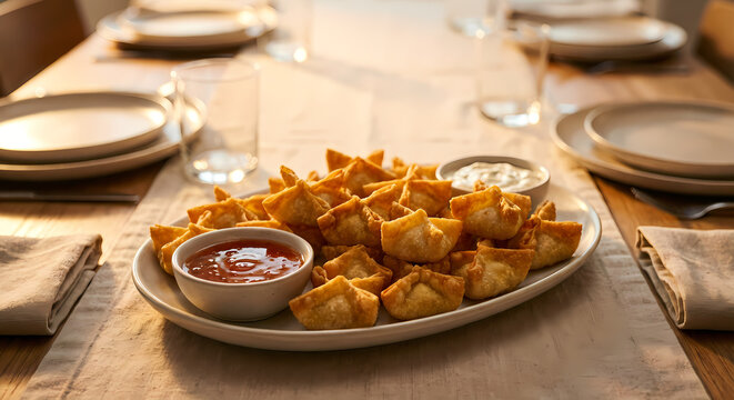 Crab rangoon platter with dipping sauces on dining table