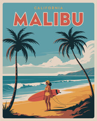 Malibu Surf Travel Poster &ndash; Retro Surfer Beach Coastal Scene