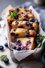 Freshly baked blueberry loaf cake with golden crust, garnished with mint leaves and whole blueberries on a marble surface.