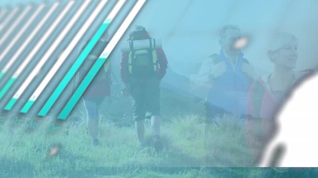 Animation of data processing over caucasian senior couple hiking