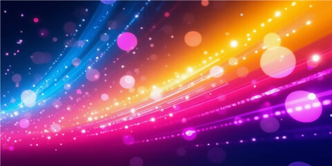An abstract colorful background featuring a bright glow of magic stars and shiny disco lights creates a purple and blue neon design for a festive party backdrop or holiday celebration wallpaper