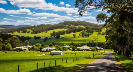Rural Landscape with Rolling Hills and Farm.
