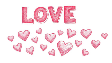 Love text with hearts isolated on transparent background
