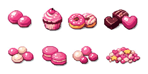 Cute pink pixel art sweets and pastries collection on gradient background