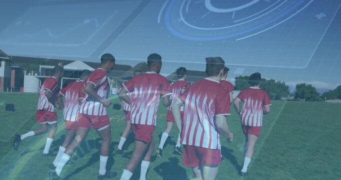 Animation of statistics and data processing over diverse football players on pitch