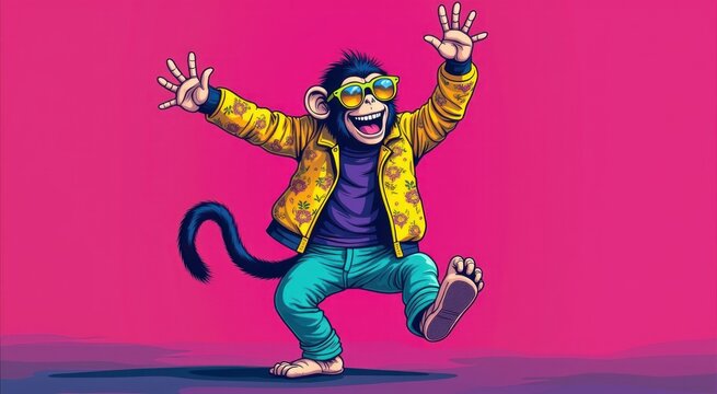 Cartoon monkey with sunglasses and a yellow jacket jumping