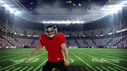 Animation of caucasian male rugby player and confetti over sports stadium
