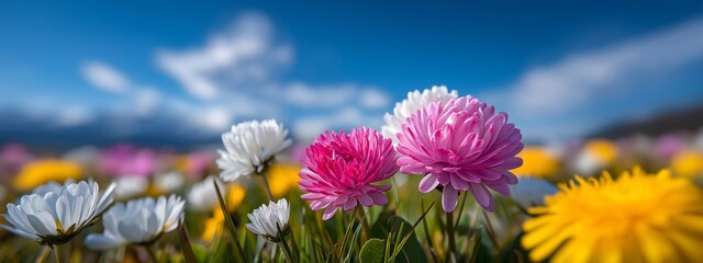 A field of flowers with a blue sky in the background