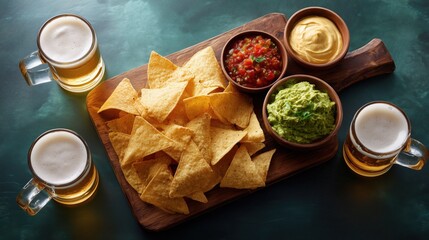 Tortilla chips with guacamole salsa and cheese dip served with beer in flat lay snack scene representing casual gathering comfort food sharing and relaxed social lifestyle moment