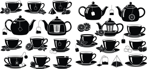 Fototapeta premium Assortment of black tea cups and teapots with citrus and fruit garnish elements