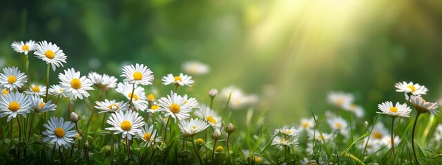 A field of white daisies with the sun shining on them