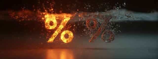 glowing fiery percent symbol inside transparent glass with splashing water, symbolizing sales, hot offers, and dynamic promotions. banner 