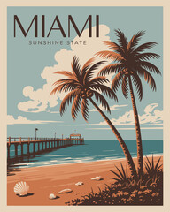 Miami Travel Poster &ndash; Vintage Beach Illustration with Palm Trees