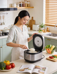 Young asian woman cooking rice in electric multicooker at kitchen