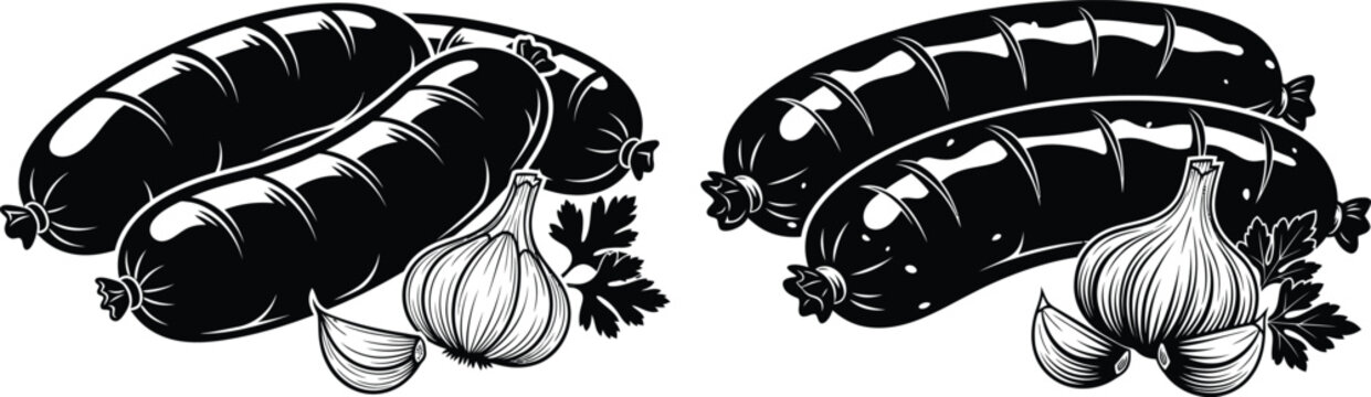 Black and white illustration of savory sausages with fresh garlic bulbs and aromatic parsley sprigs