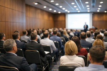 Obraz premium Rear view of a professional conference hall with a large audience attending a business presentation, visible presentation content on screen, modern corporate training or seminar environment.