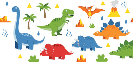 Cute cartoon dinosaurs vector set with tyrannosaurus triceratops stegosaurus pterodactyl volcanoes and prehistoric nature elements © Sarmen Creative