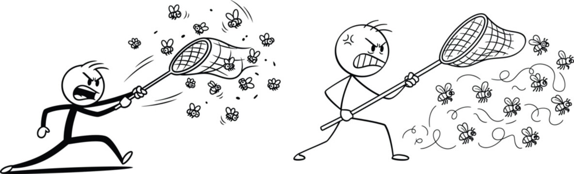 Cartoon stick figure chasing and catching flying insects with a net, representing pest control