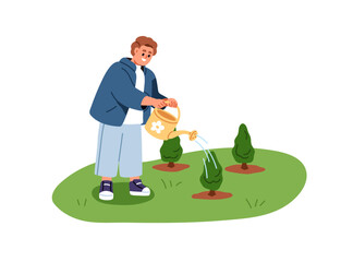 Kid with watering can, pot caring about tree saplings. Gardening, landscaping activity. Child works in backyard outdoors, growing, planting. Flat vector illustration isolated on white background © Good Studio