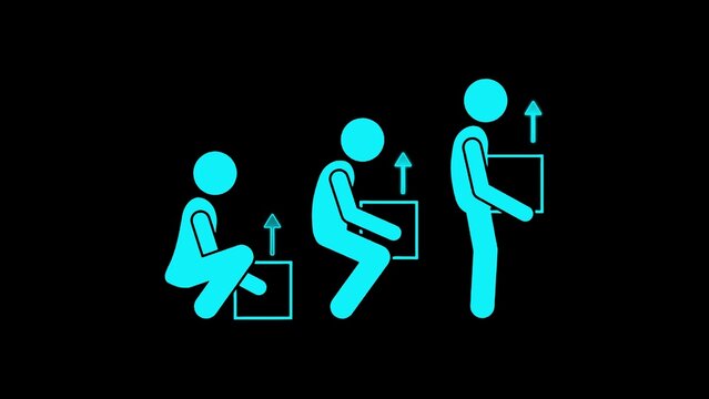 Cyan stick figure sequence demonstrating correct lifting technique for a box on black background pictogram