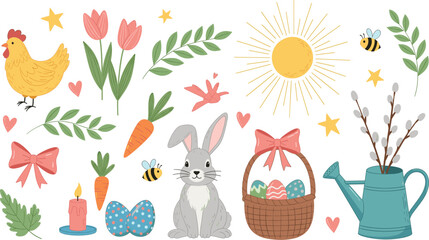 Cute Easter spring vector illustration with bunny basket eggs flowers sun chicken carrots and festive seasonal elements © Sarmen Creative