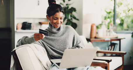 Home, laptop and woman on sofa, credit card and digital app for online banking. Ecommerce, pc and...