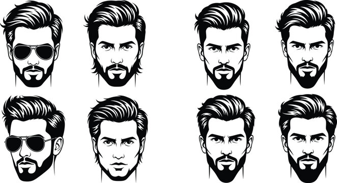 Collection of various male faces featuring different hairstyles and beard styles, some wearing stylish sunglasses