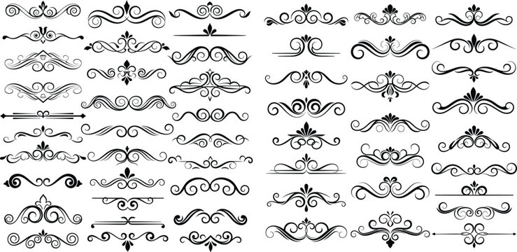 Comprehensive set of elegant scroll dividers and ornate frames, featuring vintage flourishes for various graphic design uses
