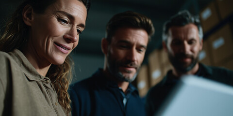 Focused business team reviewing data on a tablet inside a storage area