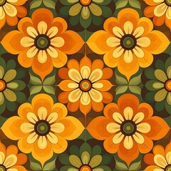 Vibrant 70s flower power seamless pattern, dense orange and yellow floral mandala design, hippie boho aesthetic background.