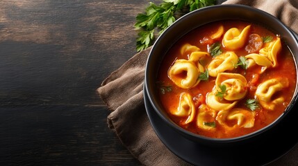 Hearty tortellini soup with tomato broth and fresh herbs placed to side with clear empty space representing comforting homemade cooking rich flavor and versatile food lifestyle scene