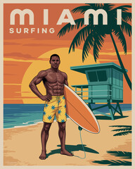 Miami Vintage Surfing Beach Travel Poster, Lifeguard Tower and Palm Trees