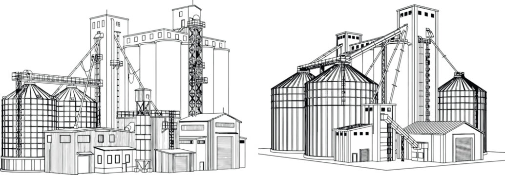 Detailed line drawing of a large agricultural grain elevator complex with multiple silos and processing buildings