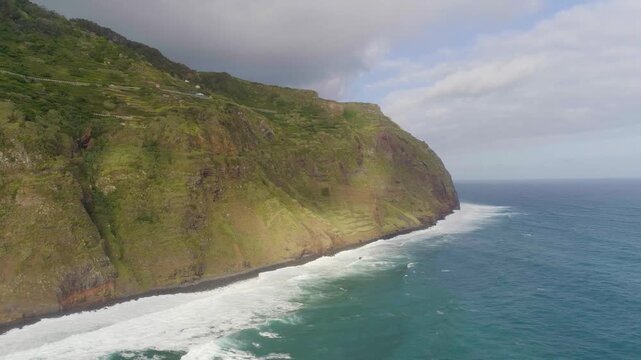 4K video; slow backwards drone flight over the rocky west coast of the island of Madeira, Portugal