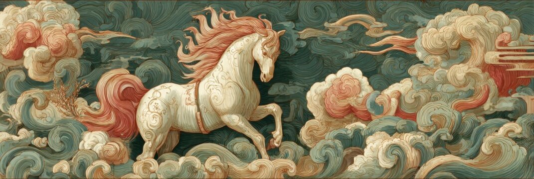 Mythical shen shou horse galloping through swirling clouds