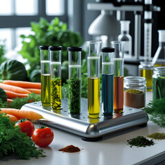 Close-up of vibrant genetically modified fruits and vegetables arranged on a white surface, symbolizing modern agriculture and biotechnology advancements in food production.
