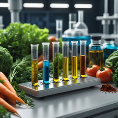 Close-up of vibrant genetically modified fruits and vegetables arranged on a white surface, symbolizing modern agriculture and biotechnology advancements in food production.