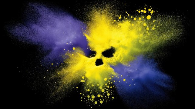 Abstract art design featuring a vibrant yellow and purple skull shaped smoke explosion against a dark background, ideal for creative projects