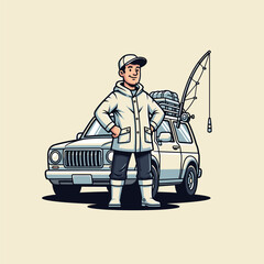 farmer and man with carts and man driving car cartoon illustration