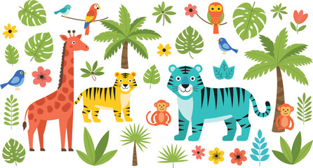 Cute tropical jungle animals vector illustration set with giraffe tiger monkeys birds palm trees leaves and colorful flowers © Sarmen Creative