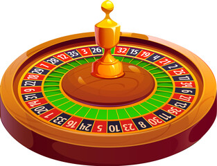 Cartoon casino game icon of roulette wheel with wooden rim, circular track, evenly spaced slots, central knob. Vector symbol of gambling games, chance, entertainment and dynamic gaming environment © Seavector