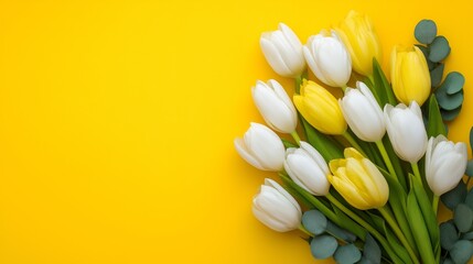 A bouquet of white and yellow tulips on a yellow background