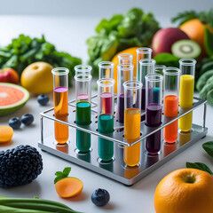 liquids from fruits and vegetables are tested in glass tubes during a science experiment in a lab setting
