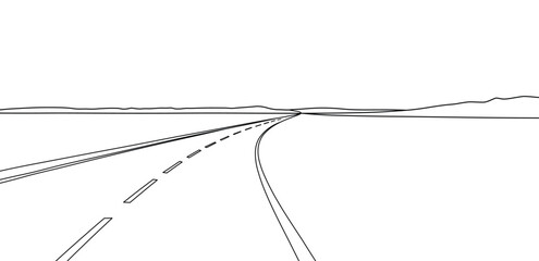 Empty long highway stretching toward distant mountains with a clear open horizon line art drawing © Nipun Mitra123