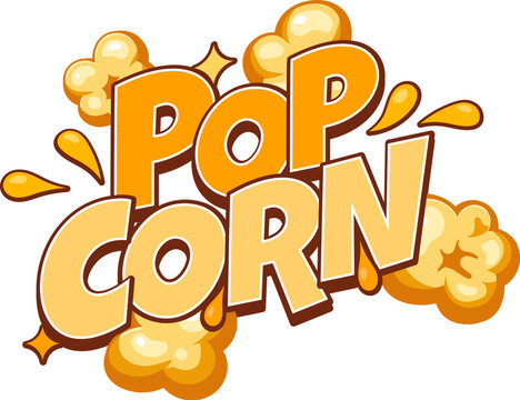 Party popcorn sweet sweetcorn icon or emblem. Movie salty dessert badge, cinema crunchy meal vector icon. Sweet sweetcorn cartoon label or emblem with flying popcorn kernels and colorful typography